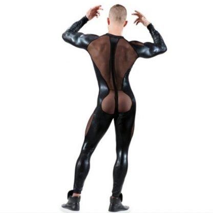 Patent leather mesh stitching jumpsuit