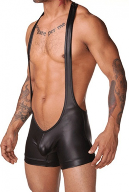 Imitation leather patent leather sexy men's one-piece boyshort underwear nightclub hollow paint leather fun