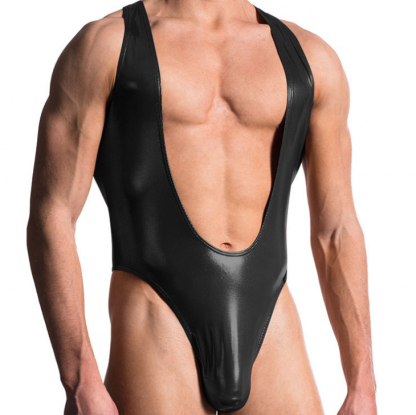 Men's faux leather sexy one-piece underwear vest black patent leather European and American nightclubs