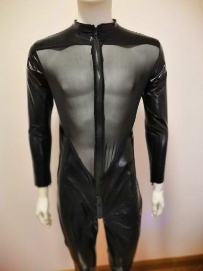Patent leather mesh stitching jumpsuit
